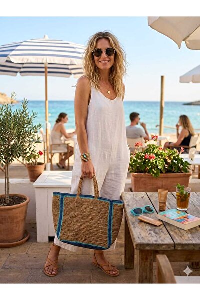 Eylül Deniz Handmade Plaj Çantası, El Örgüsü, Hasır Görünüm Büyük Boy Çanta