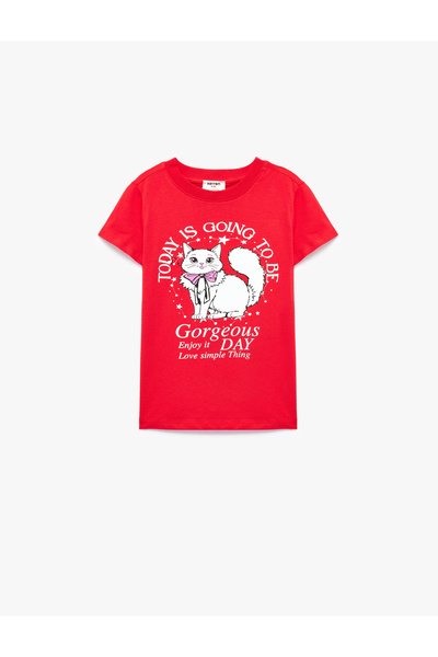 Koton Cat Printed Short Sleeve Crew Neck Cotton T-Shirt