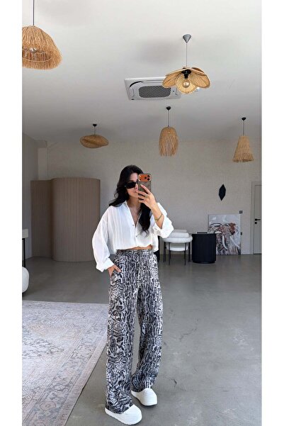 Buket Teke Λευκό μαύρο σατέν παντελόνι με λεοπάρ σχέδιο