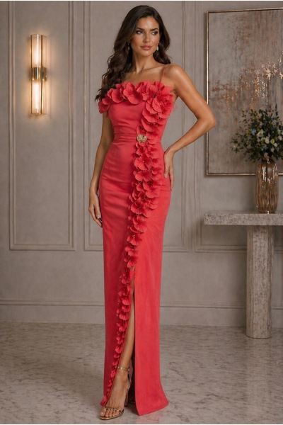 Divin store Κομψό κοραλί μακρύ φόρεμα με μεταξωτά βολάν