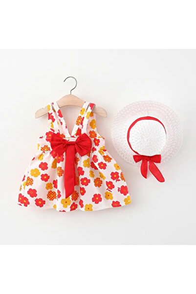 Little Dress Rochie de vacanță cu flori colorate, fundă roșie și pălărie inclusă