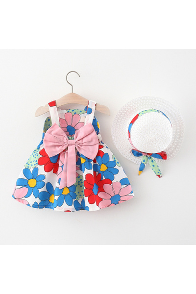 Little Dress Rochie de vacanță cu flori colorate, fundă roz și pălărie inclusă