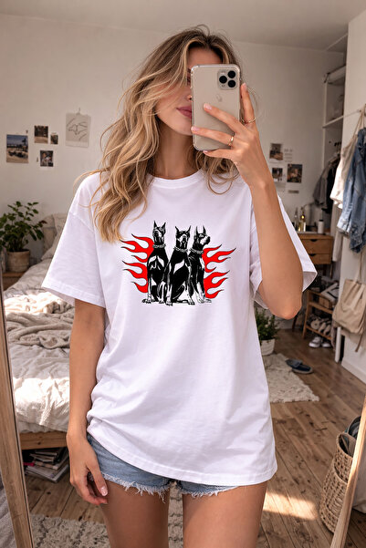 AYDESİGN Μπλουζάκι με στάμπα Doberman, λευκό, με λαιμόκοψη ποδηλάτου