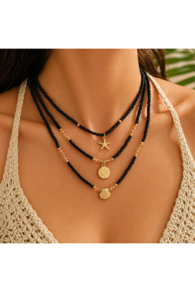 GlaMLo Accessories Σετ 3 κολιέ με χάντρες, αστέρι, νόμισμα και κοχύλι