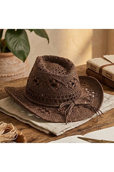 Virabio leather products Ethno-Chic Brown Kahverengi Hasır Kovboy Tarzı Şapka