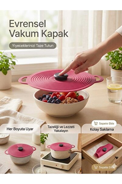 LOVYCO Evrensel Silikon Vakum Kapak - Çok Amaçlı, Sızdırmaz ve Yiyecekleri Ta...