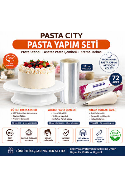 pastacity Pasta Yapım Seti – Döner Pasta Standı + 15 cm Asetat Çember + 72’li...