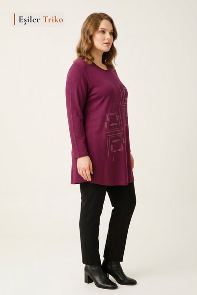 Eşiler Triko Women's Burgundy Geometric Patterned Stoned, Crew Neck, Tunic