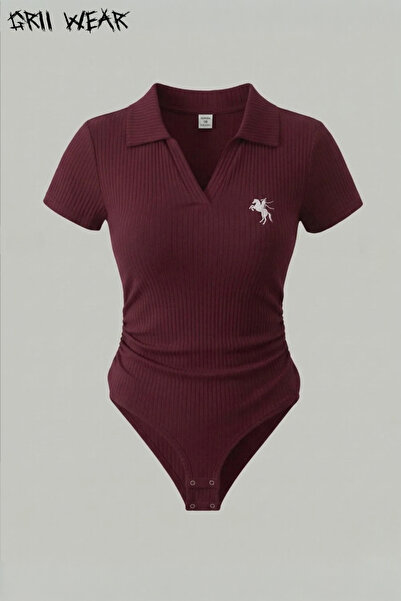 GRİİ WEAR Κορμάκι με γιακά πόλο, λεπτομέρεια κεντήματος, ριμπ ύφανση, λύκρα/ε...