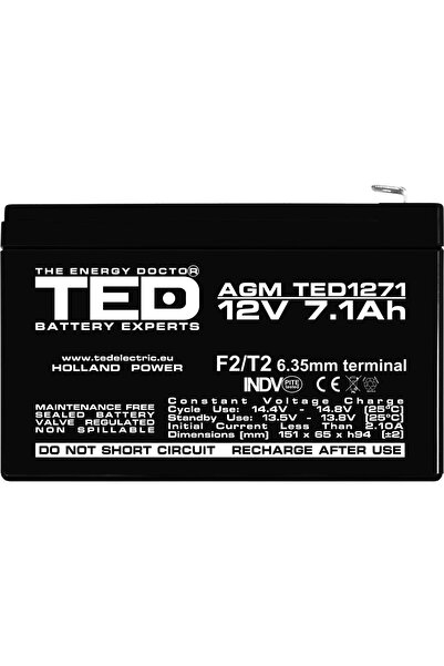TED Electric Acumulator Stationar AGM VRLA Etans 12V 7.1A F2 T2, Dimensiuni 151mm x 65mm x h94mm