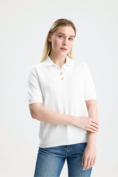 Figo Γυναικείο πλεκτό με κοντό μανίκι και γιακά πόλο με κουμπιά