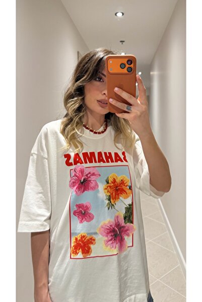 Duya Butik KREM BAHAMAS BASKILI TİŞÖRT