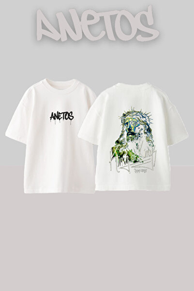 Anetos Tricou oversize alb din bumbac cu imprimeu pe spate Jesus Christ Design