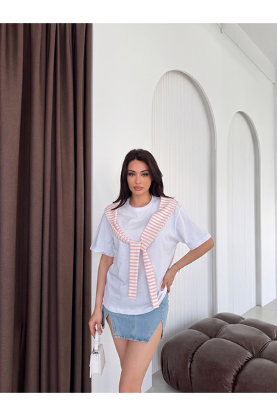 NEW JOURNAL Γυναικείο μπλουζάκι σε χρώμα σομόν-λευκό με λεπτομέρεια σάλι σε σ...