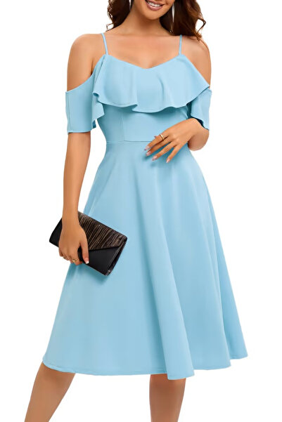 Bbonlinedress Елегантна синя рокля, дължина до коляното, без ръкави, синьо 3XL