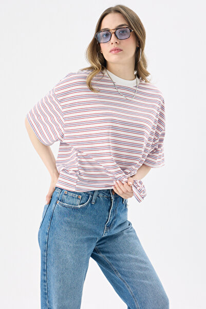 CrepTekstil Crep Kadın Ekru Mavi Kırmızı Çizgili Kısa Kollu T-Shirt Oversize ...