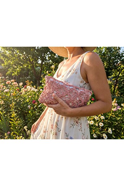 Meya design El Örgüsü Çiçek Desenli Clutch Çanta – Yazlık Şık Kadın El Çantası