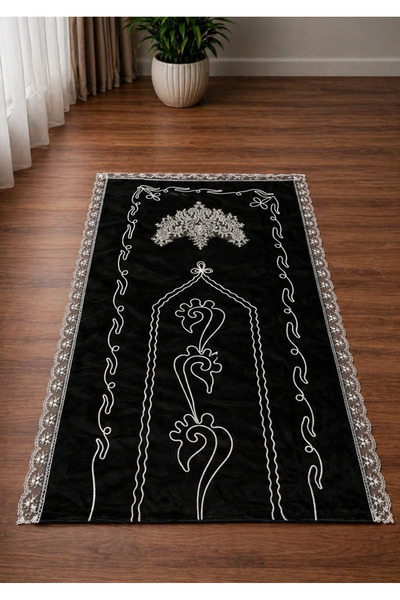 Hig Store Elegance Kadife Fransız Güpürlü Nakışlı Seccade.Siyah.70x110