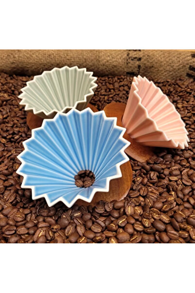 Saule Turkuaz V60 02 Dripper Ahşap Standlı Origami Seramik Kahve Demleme Ekip...