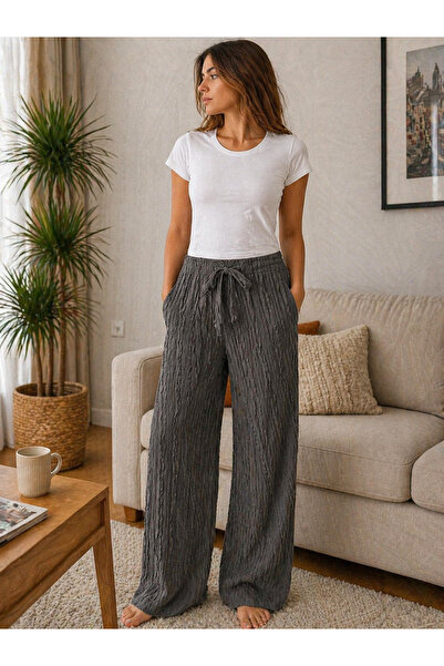diğer333 bürücük kumaş Dokulu Yüksek Bel Rahat Kesim Kadın Pijama Altı Ev Giy...