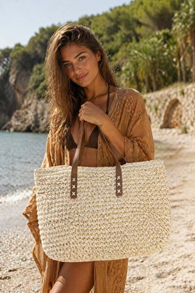 MARBERRY Εκρού Δερμάτινη Λαβή Πλεκτή Χειροποίητη Ψάθινη Γυναικεία Τσάντα 47x3...