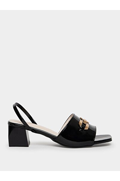 Take Two By Styli Black Patent Block Heel Slingback Sandals