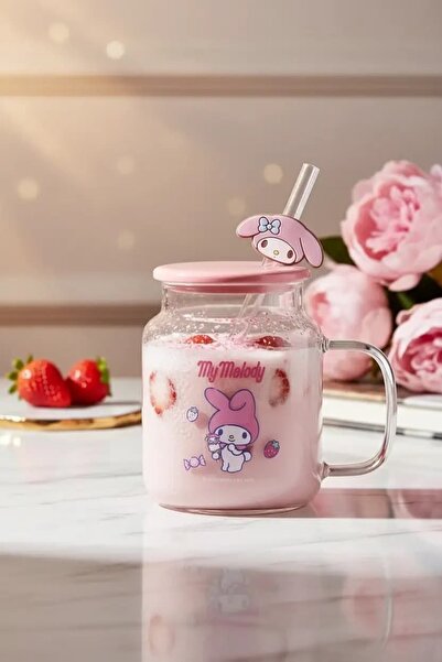SANRIO Lisanslı My Melody Kapaklı ve Pipetli Cam Şişe – Figürlü Borosilikat C...