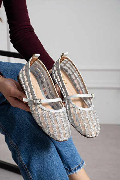 dabab shoes RIVENA Γυναικεία ασημένια μπαλαρίνες Mary Jane με κέντημα σε τούλ...