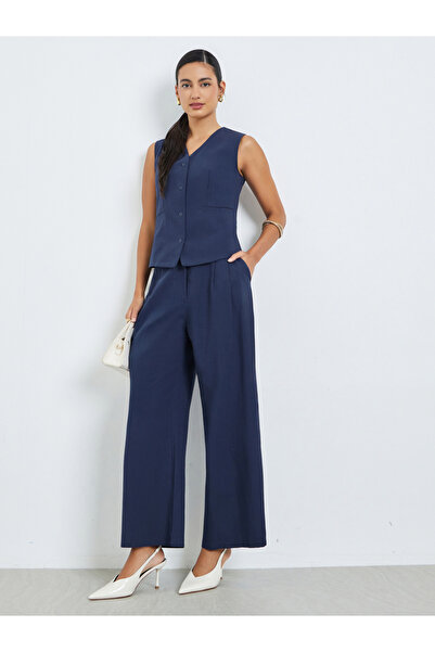 Styli Navy Blue Sleeveless Waistcoat and Pants Co-Ords