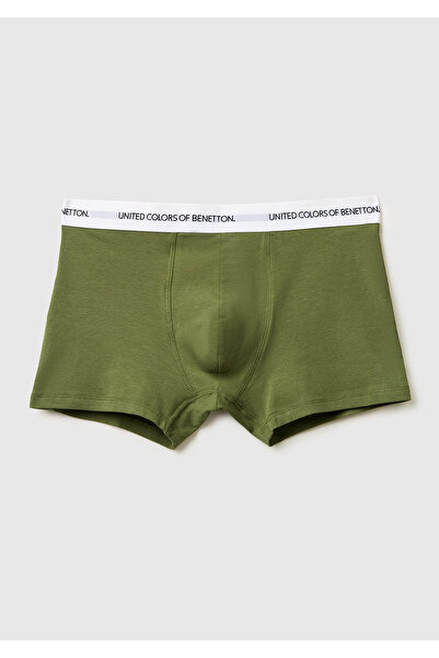 United Colors of Benetton Men's Khaki Logo Text Striped Cotton Boxer