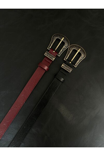 LİA KEMER 2-Pack Marvel Classic Patterned Women's Antique Gold Buckle Belt