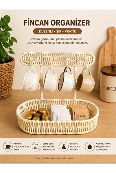 WoodBay Hasır Askılı Rattan Görünümlü Plastik Fincan Organizer | Dekoratif Ka...