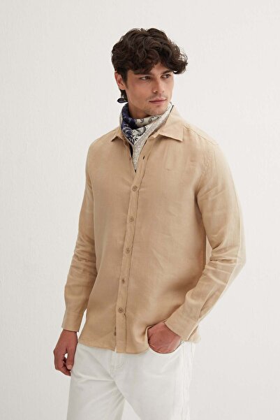 Silk and Cashmere Kahverengi Leon Keten Erkek Gömlek
