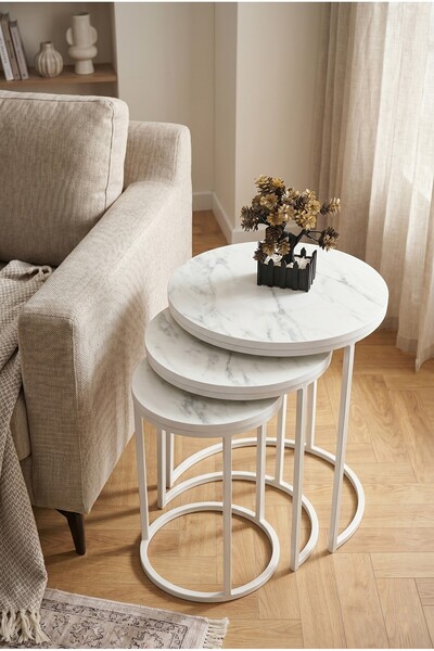 Sweet Home Masa Sandalye Dünya Zigon Mdf Sehpa 3'lü Set, Metal Ayak, İç İçe G...