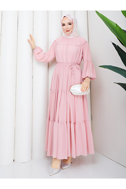 Wual giyim Women's Chiffon Fabric Gathered Layered Hijab Dress