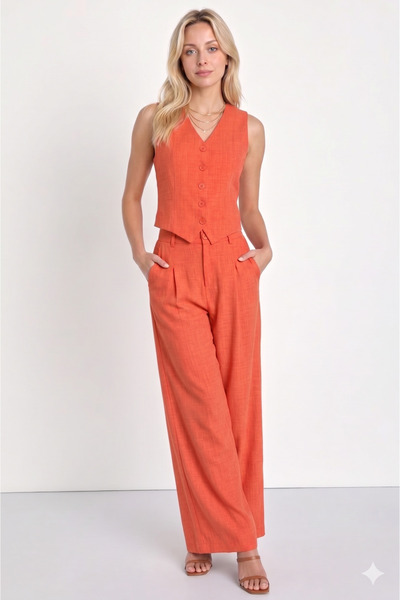 samdelus Kadın Sofia Keten – Düğmeli Crop Yelek & Bol Paça Pantolon
