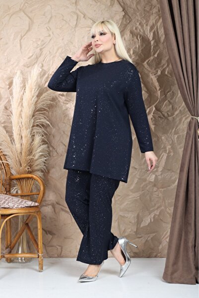 sinemisxxl Lycra Shiny Plus Size Navy Blue Top and Bottom Set