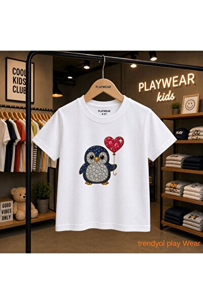 playwear Stoned Penguin Heart Printed 100% Children's Unisex T-Shirt 5 6 -7 8...