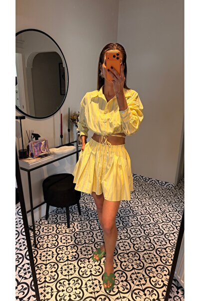 NURCAN KESKİN STORE Yellow Poplin Fabric Cotton Shirt Shorts Striped Set