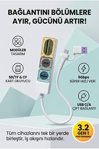 asua Type-C USB Hub Çoklayıcı SD/TF Kart Okuyuculu 5Gbps Hızlı Veri Aktarım A...