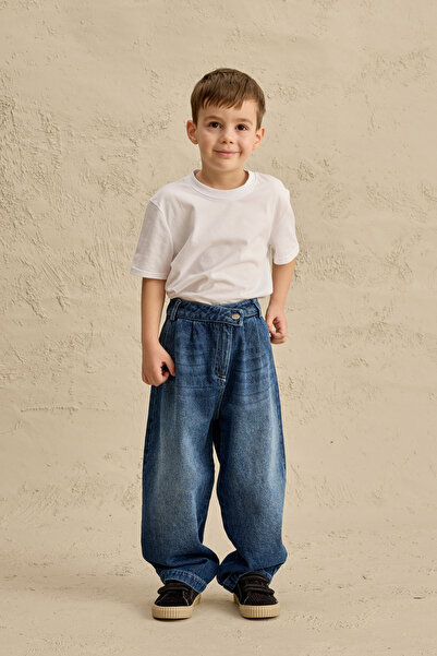 Fahhar Kids Cross-Waisted Bomb Denim Trousers Navy Blue