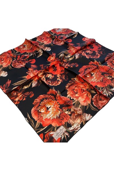 LA BOUTIQUE Tivil Silk Scarf Red Flower Pattern 2556 - 05
