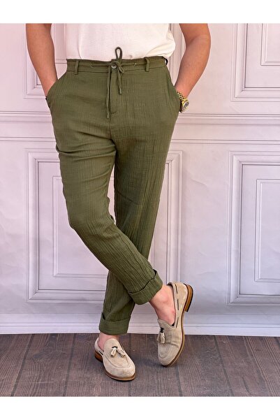 MODEFENDİ Kırışık Kumaş Kırçıllı Keten Pantolon