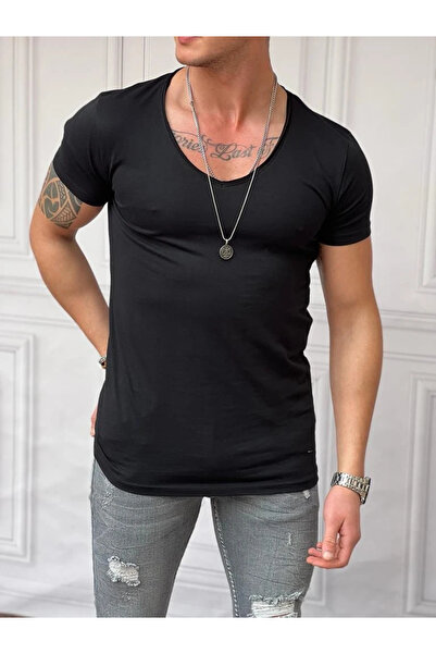 MODEFENDİ Slim Fit Derin Açık Yaka Pamuklu Tshırt