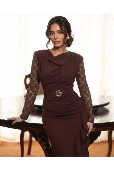 1Moda1Tarz Imported Crepe Fabric Ruffled Lace Sleeve Detailed Belt Included L...