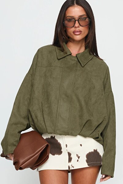 moda armanc Women's Oversize Suede Bomber Jacket Khaki - Loose Fit Soft Textu...