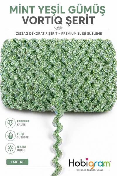 Hobigram Mint Yeşil Gümüş Lumirex Vortiq Kabartmalı Zigzag Dekoratif Şerit – ...