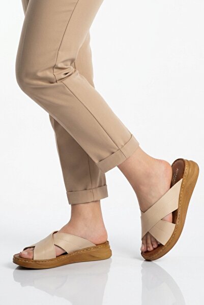 Aspor Beige Cross-Strapped Women's Flat Slippers