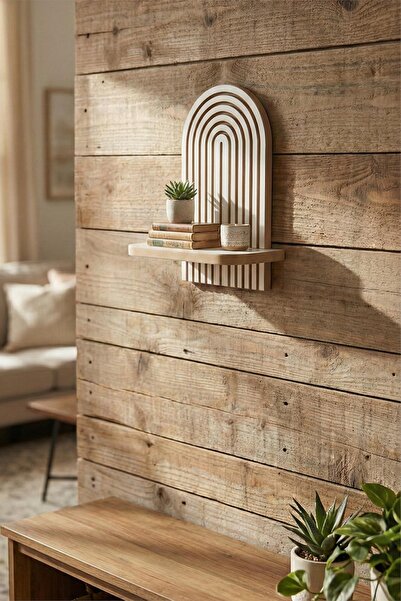 Artavessa Dekoratif Modern Kemer MDF Duvar Rafı - Beyaz Ahşap Görünümlü Bohem D Raf 35x26 cm