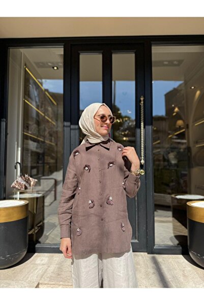 Babil Butik 2601-3011 Püskül Detay Kadın Gömlek Kahve